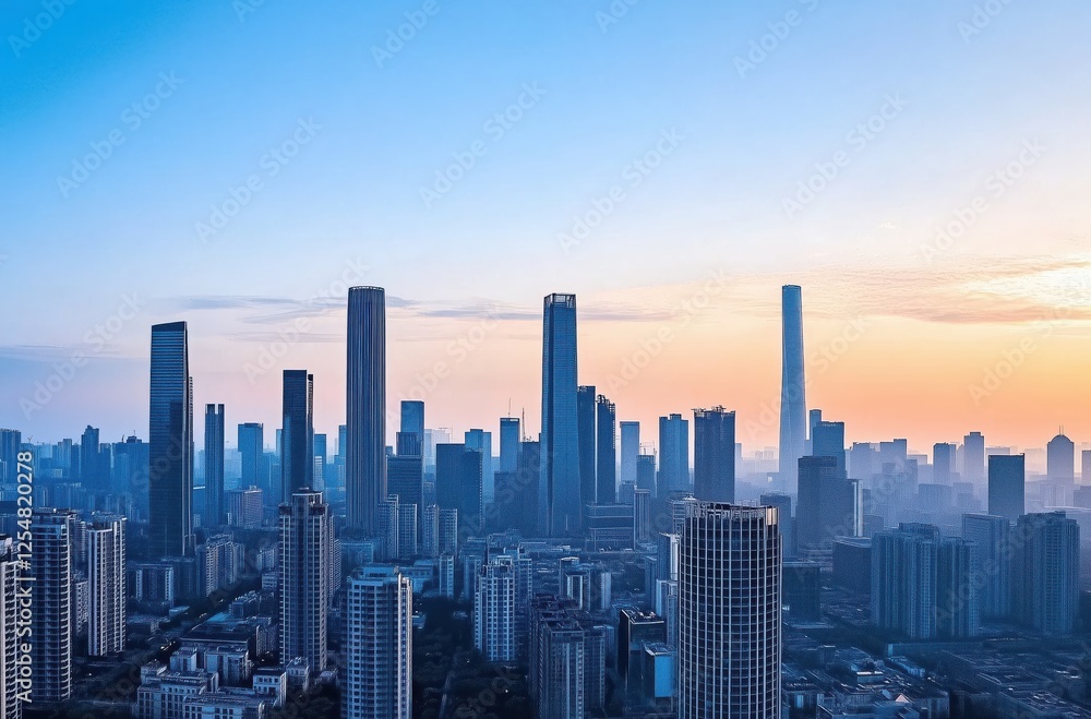 Stunning Cityscape at Dusk with Towering Skyscrapers and Soft Blue Sky Stunning Cityscape at Dusk with Towering Skyscrapers and Soft Blue Sky