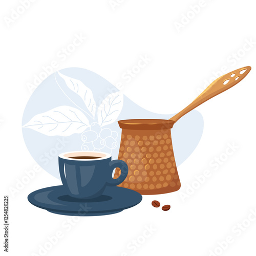 Hand drawn traditional copper cezve and small porcelain coffee cup with rich aromatic espresso. Flat vector illustration of turkish coffee pot and cup design for website, banner or merchandise product