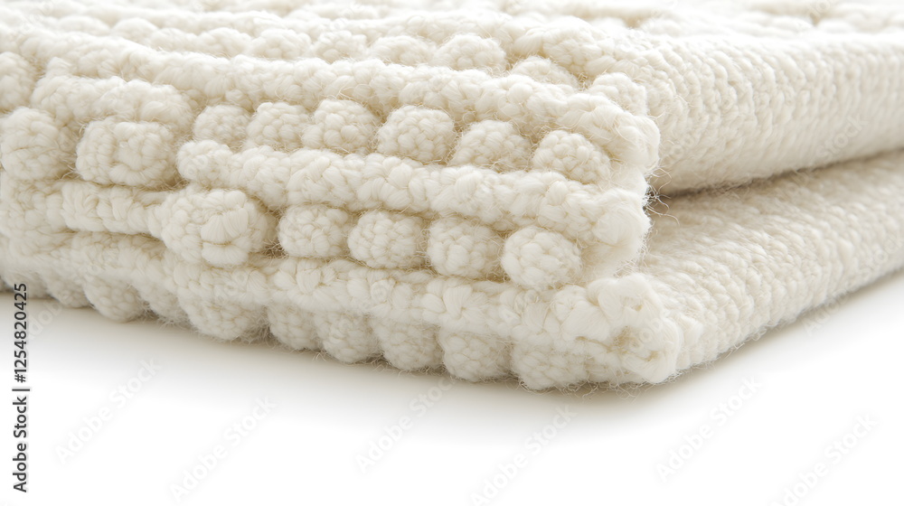 Cozy white knitted blanket folded neatly on a soft surface with a textured pattern and warm lighting. Cozy white knitted blanket folded neatly on a soft surface with a textured pattern and warm lighting.