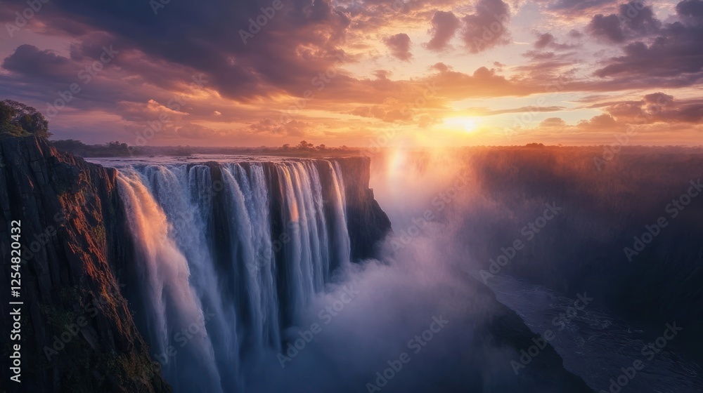 Fototapeta premium Victoria Falls sunset, Zambia/Zimbabwe, mist, travel