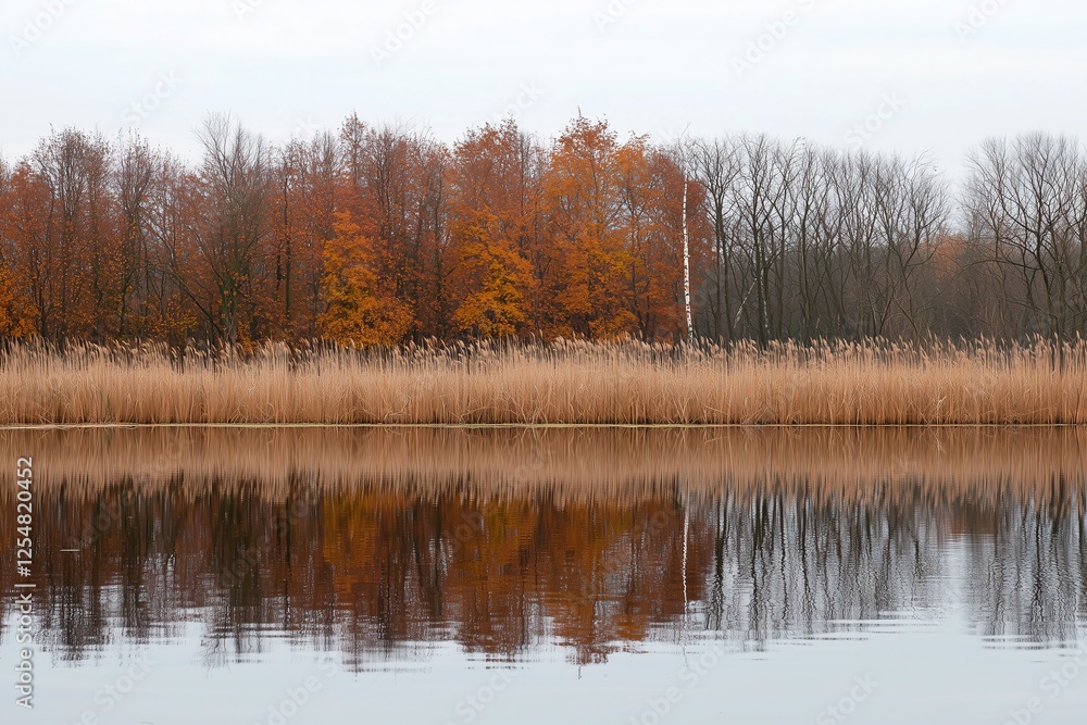 Tranquil Autumn Lake Scene with Calm Water Reflecting Trees and Sky. Golden Reeds and Rich Autumn Colors in Forest, Creating a Peaceful Atmosphere Tranquil Autumn Lake Scene with Calm Water Reflecting Trees and Sky. Golden Reeds and Rich Autumn Colors in Forest, Creating a Peaceful Atmosphere
