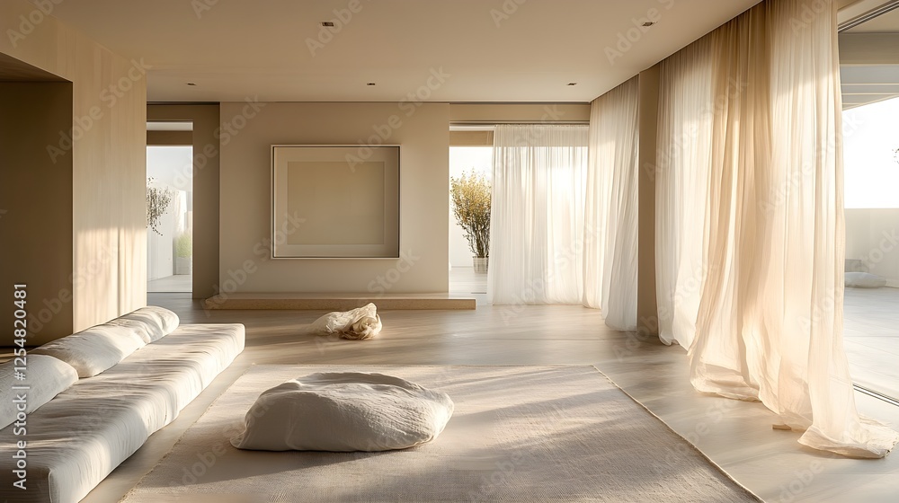A light-filled home with large windows, sheer curtains, and a minimalist white frame as wall decor. A light-filled home with large windows, sheer curtains, and a minimalist white frame as wall decor.