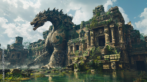 Majestic dragon statue guarding ancient temple ruins overgrown with lush vegetation