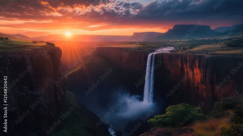 Fototapeta premium Sunset over canyon waterfall, dramatic sky, nature landscape, travel