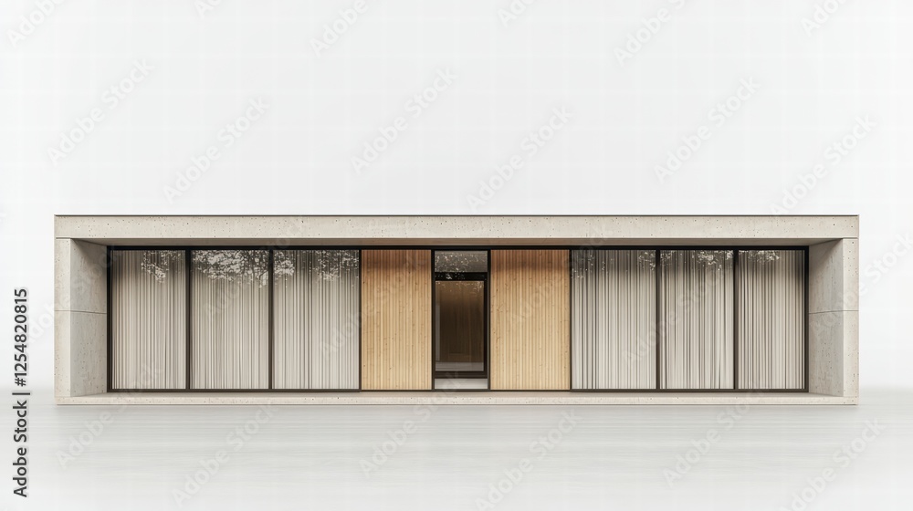 Fototapeta premium Minimalist Modern Home Exterior: A sleek and contemporary home with large windows and wooden accents. The minimalist design features clean lines, a neutral color palette, and a focus on natural light.