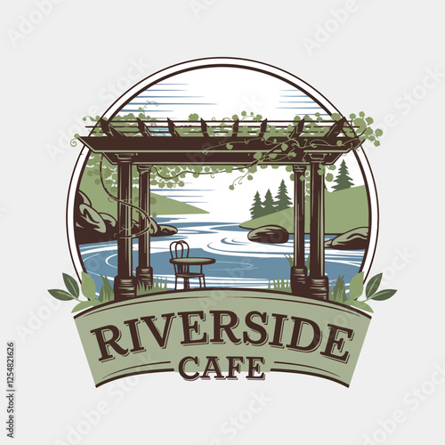 a logo of a riverside cafe, vector illustration