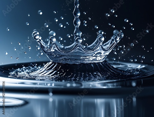 Stunning close-up of a water splash forming a perfect crown shape, capturing the beauty of fluid motion, purity, and nature with high-speed photography on a reflective surface

 photo