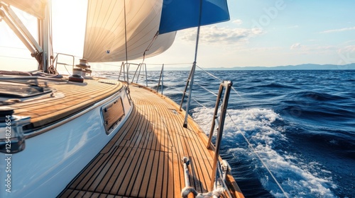 A yacht sailing in deep blue waters, leaving a foamy white trail under a cloudless summer sky.