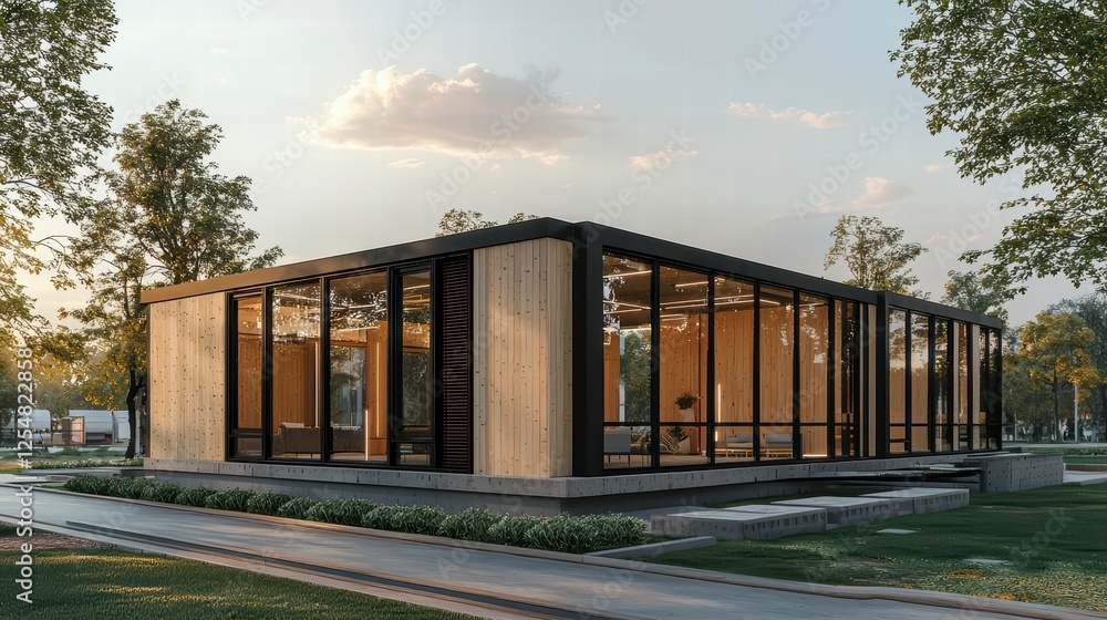Obraz premium Modern Minimalist House Design: A sleek and contemporary architectural masterpiece, a minimalist house with a stunning glass facade and wood panels.