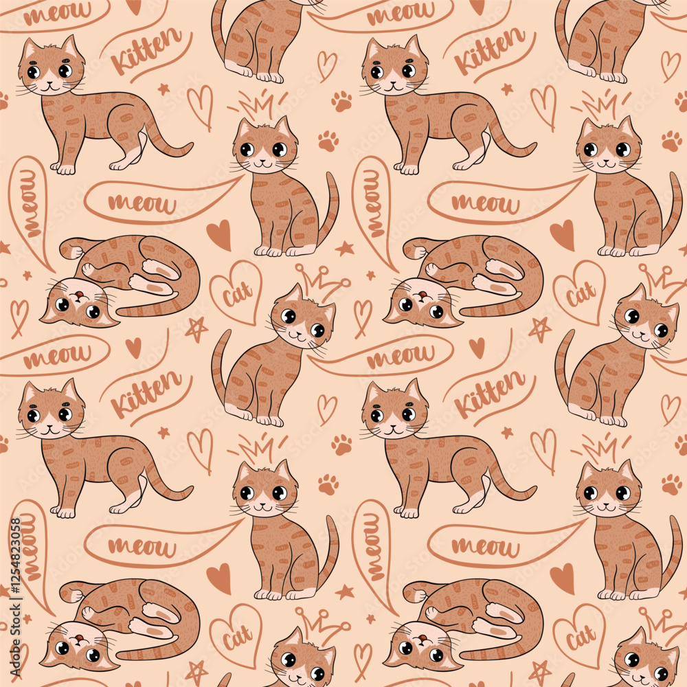 Obraz premium Cute cat, little kitten seamless pattern. Vector cartoon illustration. Favorite ginger character.