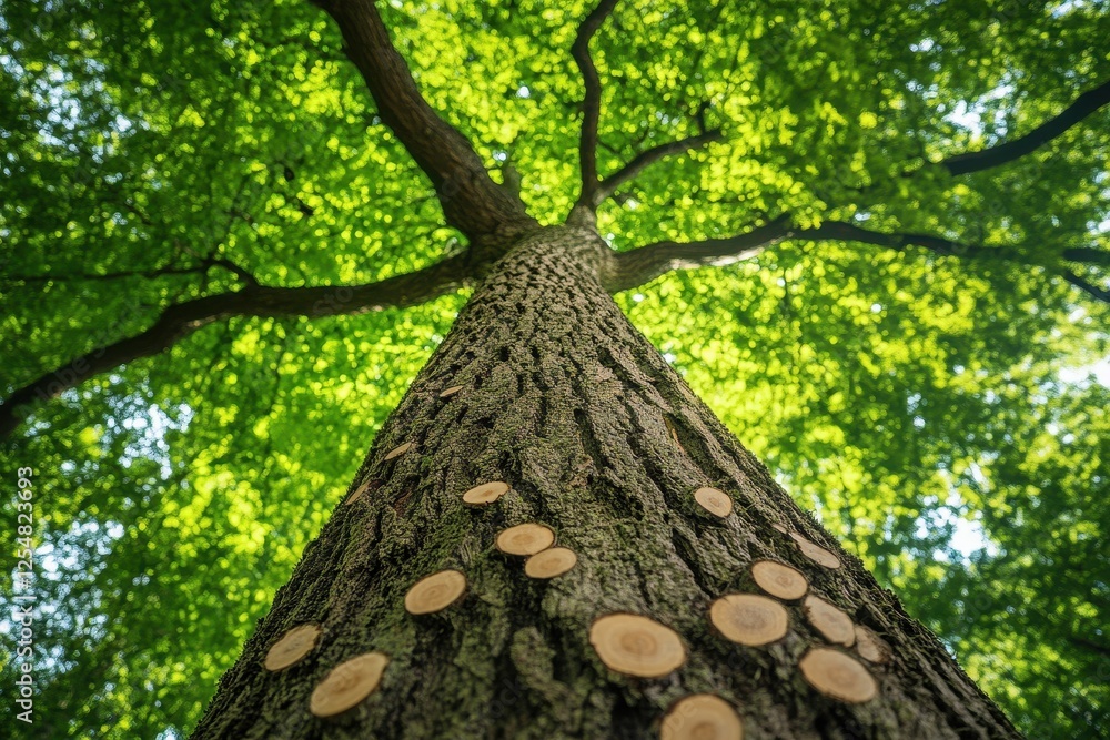 Naklejka premium Low angle view of a large tree trunk, lush green canopy overhead. Illustrates nature, growth, and the majesty of trees.