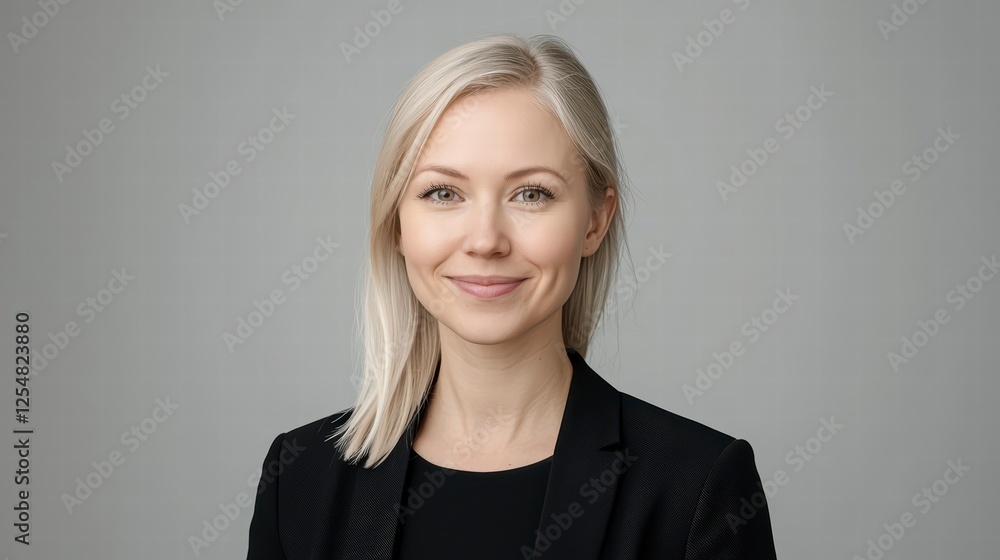 Fototapeta premium Confident and Composed: A professional headshot of a young woman with a confident expression, her blonde hair cascading over her shoulders, showcasing a sophisticated and capable persona. 