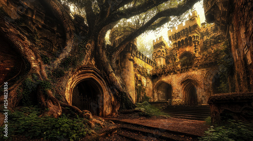 Enchanted forest ruins with ancient castle walls and sprawling trees in a mystical ambiance