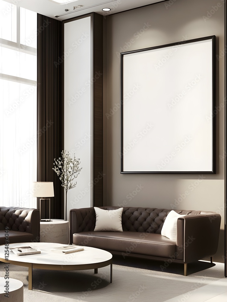 Fototapeta premium A luxurious corporate lounge with deep leather sofas, a minimalist coffee table, and a white frame.