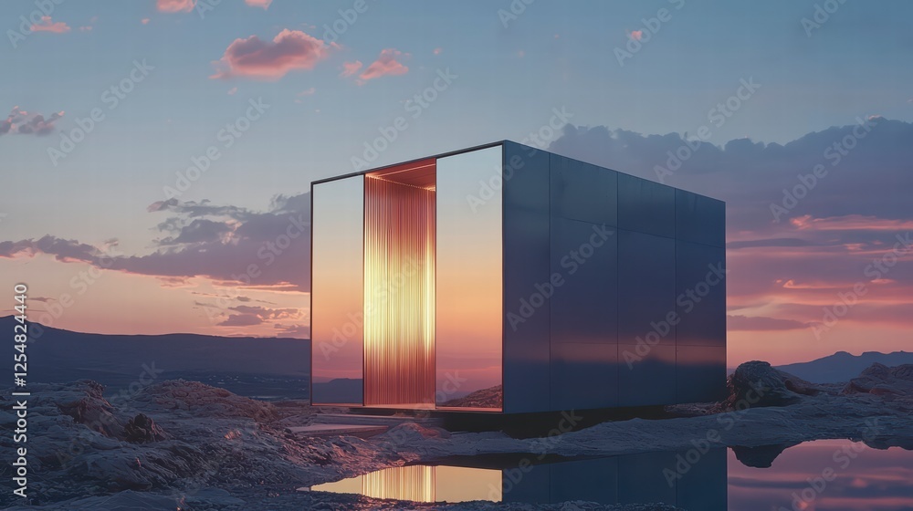 Sunset Cube Reflection: A minimalist, reflective cube structure sits atop a rocky outcrop, reflecting the vibrant hues of a breathtaking sunset. The scene evokes a sense of tranquility and mystery. Sunset Cube Reflection: A minimalist, reflective cube structure sits atop a rocky outcrop, reflecting the vibrant hues of a breathtaking sunset. The scene evokes a sense of tranquility and mystery.