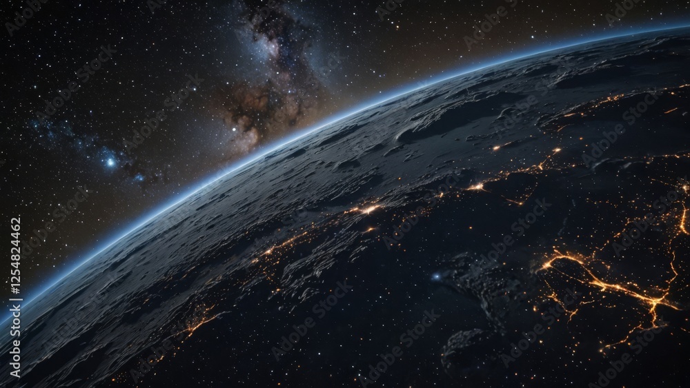 Fototapeta premium Earth's horizon from space with glowing city lights and stars in the background