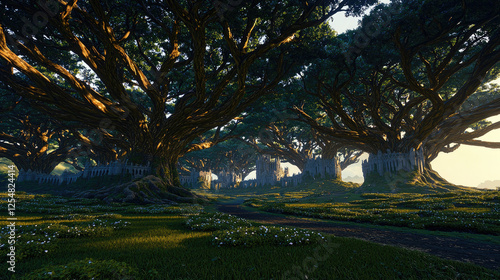 Enchanted forest with towering trees, sunlight filtering through foliage, serene path ahead