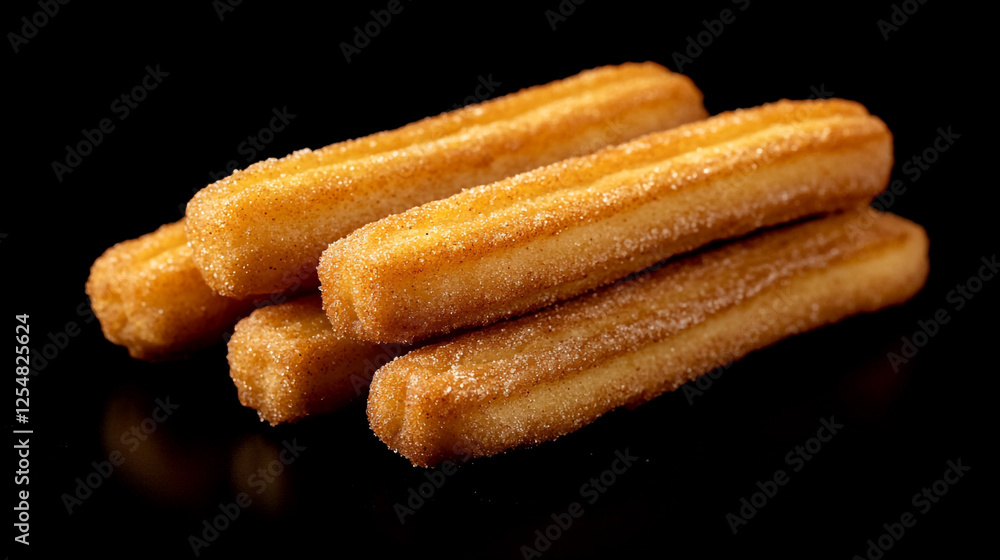 Crispy churros dusted with sugar served on a black background for a delicious treat Crispy churros dusted with sugar served on a black background for a delicious treat