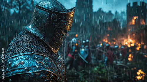 A knight in armor stands in the rain, observing a medieval battle near a castle at dusk