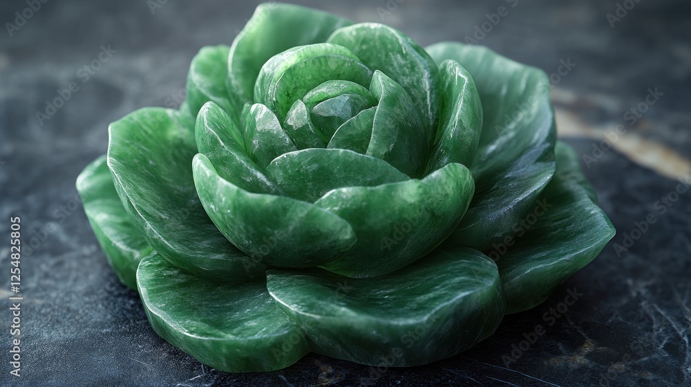 Obraz premium Intricate green jade lotus flower sculpture showcasing delicate craftsmanship and timeless beauty in a serene setting