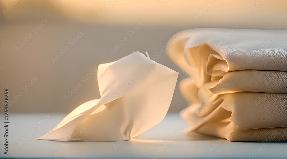 A neat stack of tissues, perfectly aligned, glowing softly under a warm golden light A neat stack of tissues, perfectly aligned, glowing softly under a warm golden light
