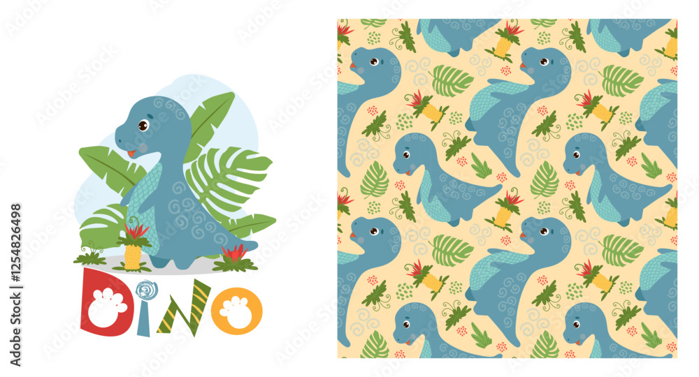 Cute baby pattern with funny dinosaur, kids print, greeting card. Seamless background with prehistoric animals, cute vector texture for baby bedding, fabric, wallpaper, wrapping paper, textile, t