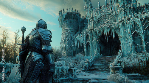 A knight in shining armor gazes at an icy castle under a dramatic sky at dusk