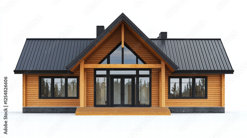 Modern Log Cabin Design: A stunning architectural rendering showcases a contemporary log cabin with a sleek black roof, expansive windows, and a spacious front porch. Modern Log Cabin Design: A stunning architectural rendering showcases a contemporary log cabin with a sleek black roof, expansive windows, and a spacious front porch.