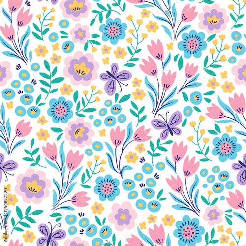 Hand drawn vector seamless flower pattern. Small various stylized blue, yellow and pink flowers on white background