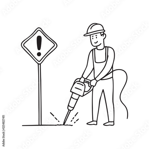 A construction worker operating a jackhammer on a city sidewalk near a freshly marked road sign