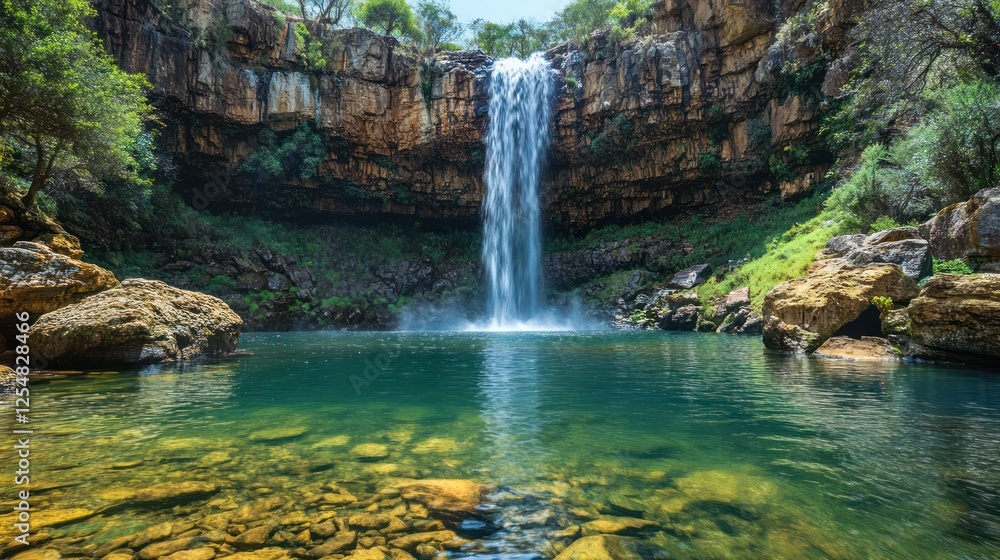 Fototapeta premium Waterfall cascading into a tranquil pool, lush greenery backdrop, nature photography, ideal for travel brochures