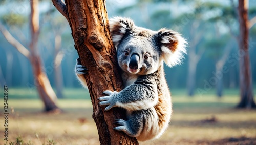 Koala on a Tree: A cuddly koala clings to a eucalyptus tree with a sweet and curious expression, showcasing the unique charm of Australian wildlife.  photo