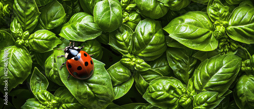 A vibrant ladybug resting on fresh basil leaves, surrounded by a lush green garden backdrop