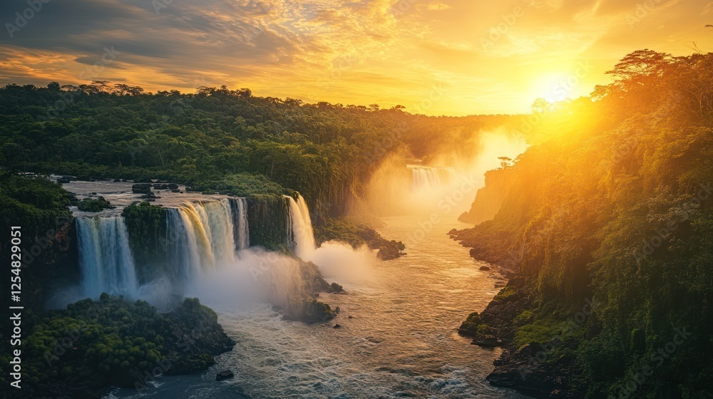 Fototapeta premium Iguazu Falls sunset, lush rainforest, scenic vista, travel
