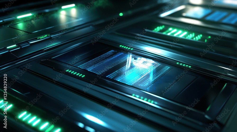 A close-up of a solar panel with a glowing blue and green accents A close-up of a solar panel with a glowing blue and green accents