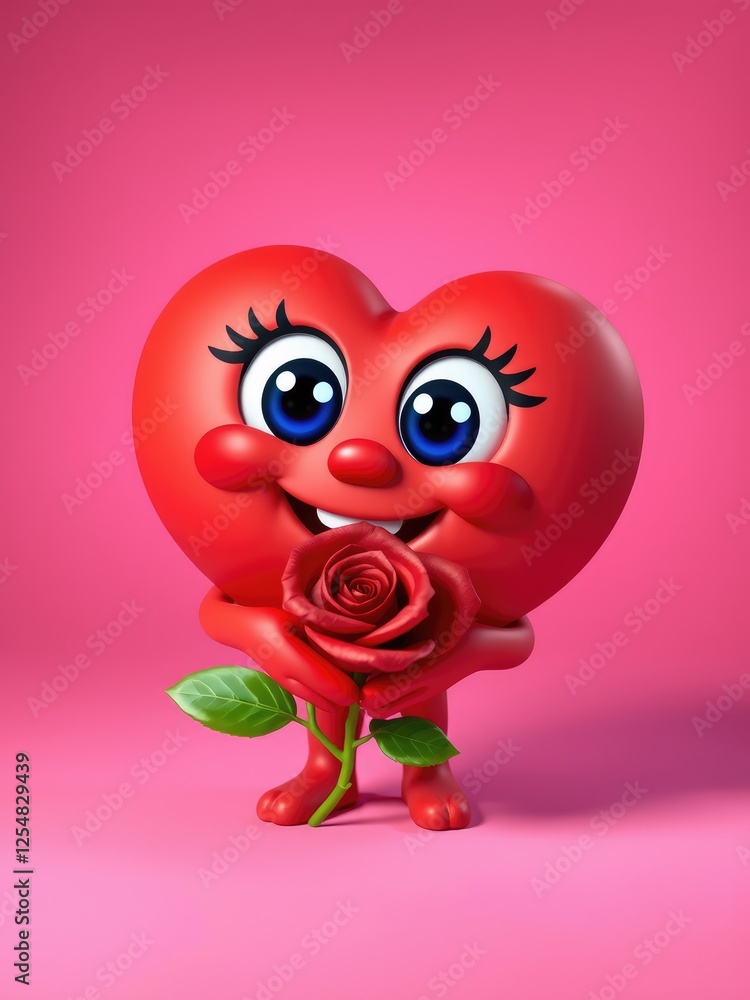 Fototapeta premium Love hearts background, Valentine's Day background, Cute Smiling Heart Holding a Rose, Valentine's Day Concept