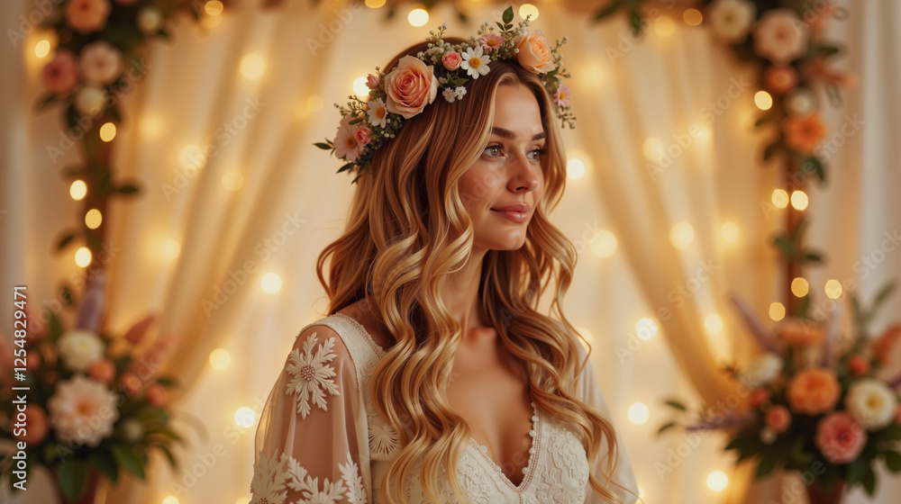 Elegant bride radiating serenity at floral altar, magical wedding Elegant bride radiating serenity at floral altar, magical wedding