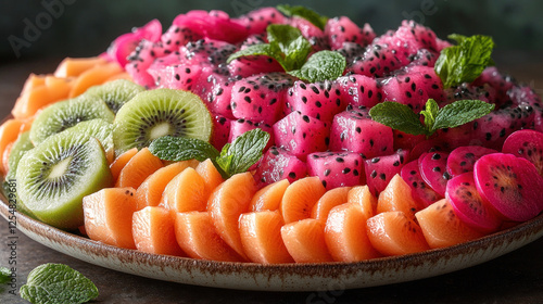 Fresh fruit platter styled with kiwi, dragon fruit, and passion fruit photo