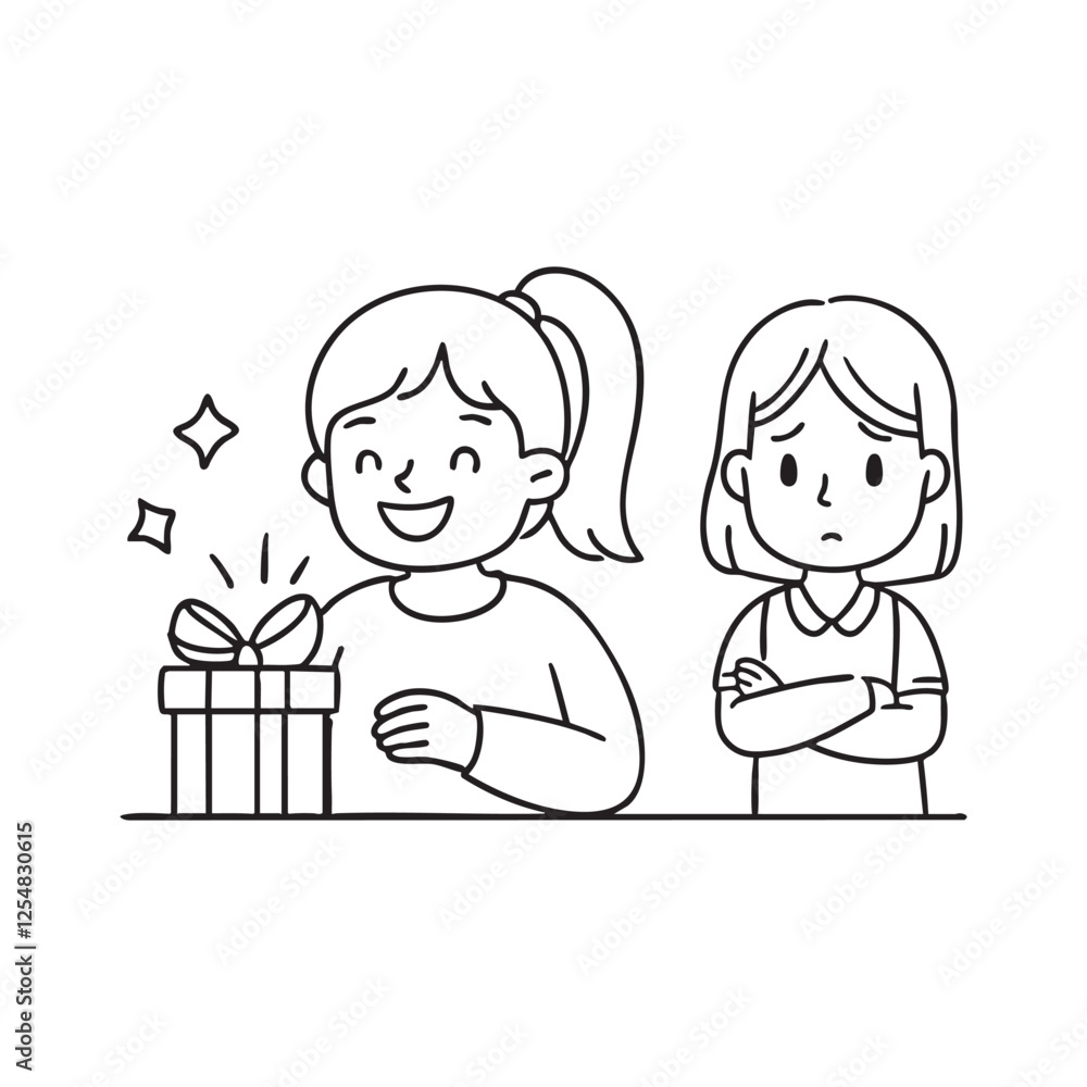 A child looking upset as their sibling receives praise, with a frown and crossed arms A child looking upset as their sibling receives praise, with a frown and crossed arms