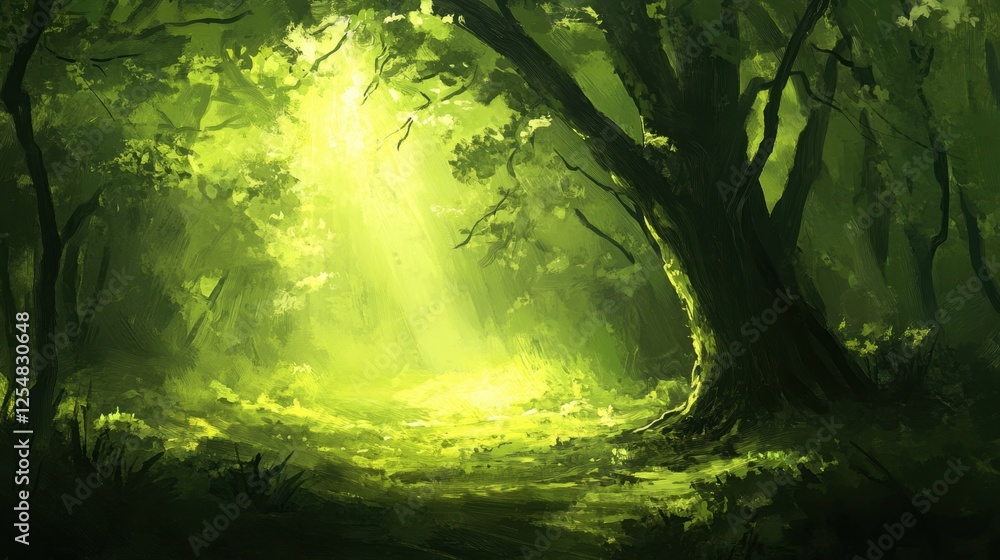 Obraz premium Sun rays piercing through the branches of a dense green forest, creating a magical summer morning glow.
