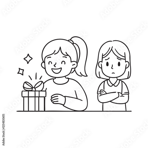 A child looking upset as their sibling receives praise, with a frown and crossed arms
