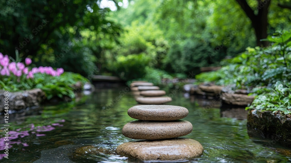 Serene garden path, stepping stones across tranquil stream Serene garden path, stepping stones across tranquil stream