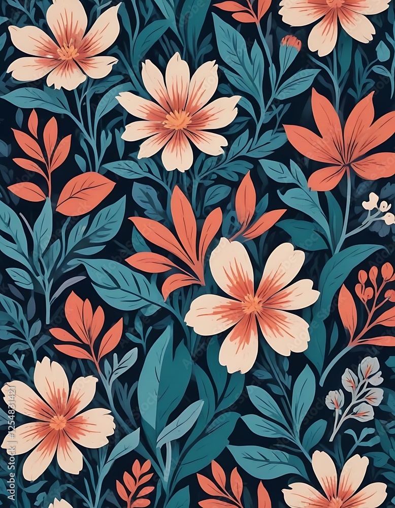 Elegant Floral Pattern Featuring Peach And Teal Hues Elegant Floral Pattern Featuring Peach And Teal Hues