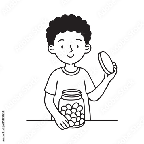 A child grabbing a handful of jellybeans from an opened jar with their hands