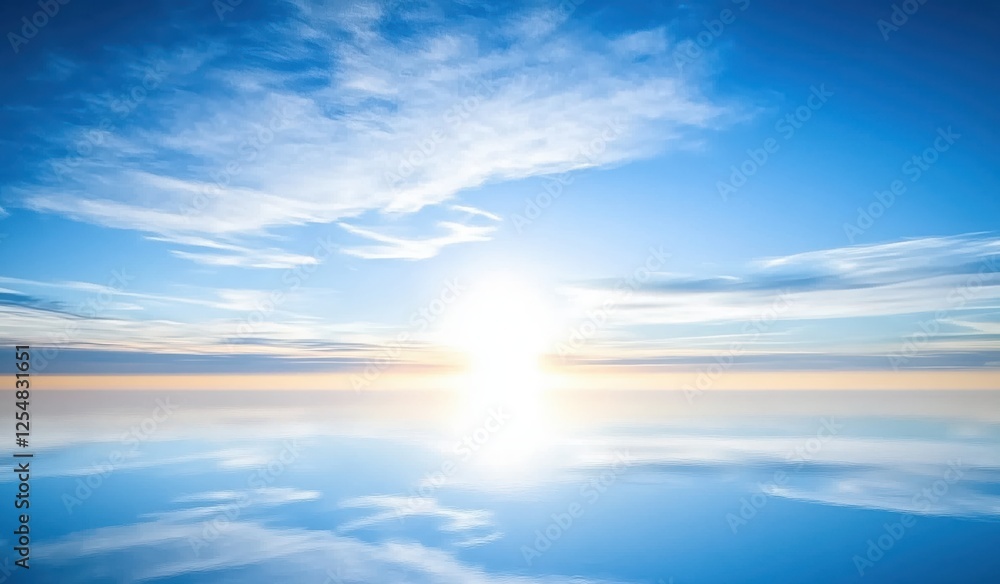 Obraz premium Serene Sunrise Over Tranquil Ocean Waters Reflecting Blue Sky and Gentle Clouds