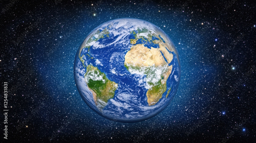 Naklejka premium The glowing Earth seen from space, beautifully lit, with an empty cosmic area for text placement.