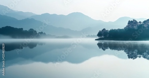 Serene Misty Lake Reflecting Majestic Mountains Under Soft Blue Light
