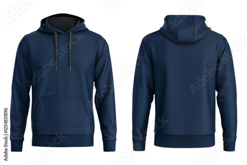 navy blue blank hoodie template from front and back view mockup. Blank hoodie two sides isolated on transparent and white background