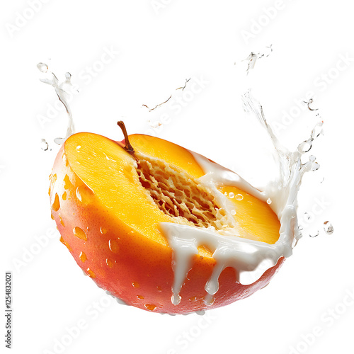 Peach half with milk splash, isolated on black background. Juicy fruit creating a delicious visual effect with creamy texture.  Transparent background image.