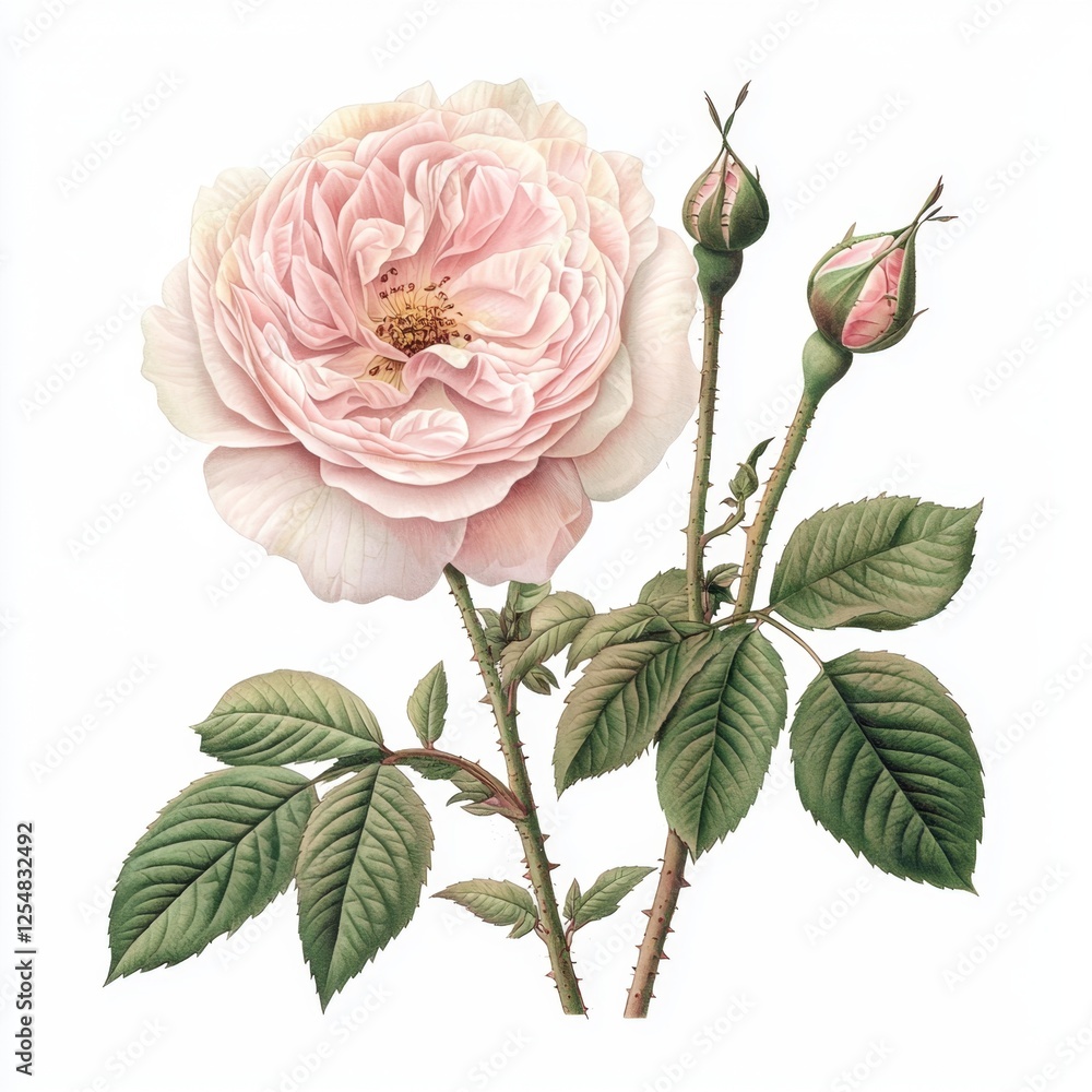 Fototapeta premium Elegant Pink Rose Flower with Buds and Green Leaves on a White Background, Perfect for Floral Designs and Nature Themes